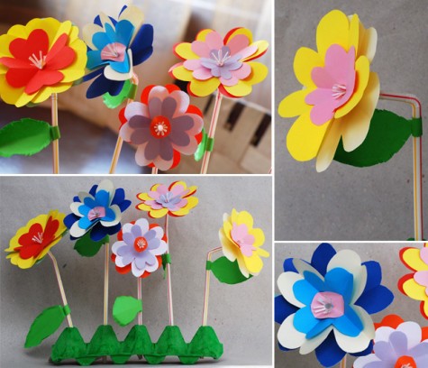 По-детски трогательная и эффектная аппликация из бумаги для мамы Цветочная клумба из бумаги